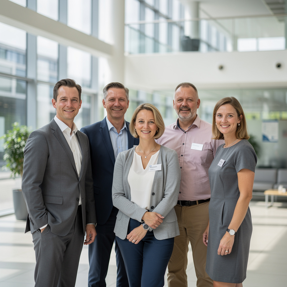 Group of research institute team members standing together in an office